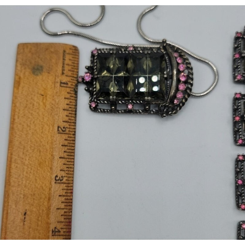 Sarah Coventry Midnight Magic Necklace & Bracelet Black w/Pink Grey Rhinestones
