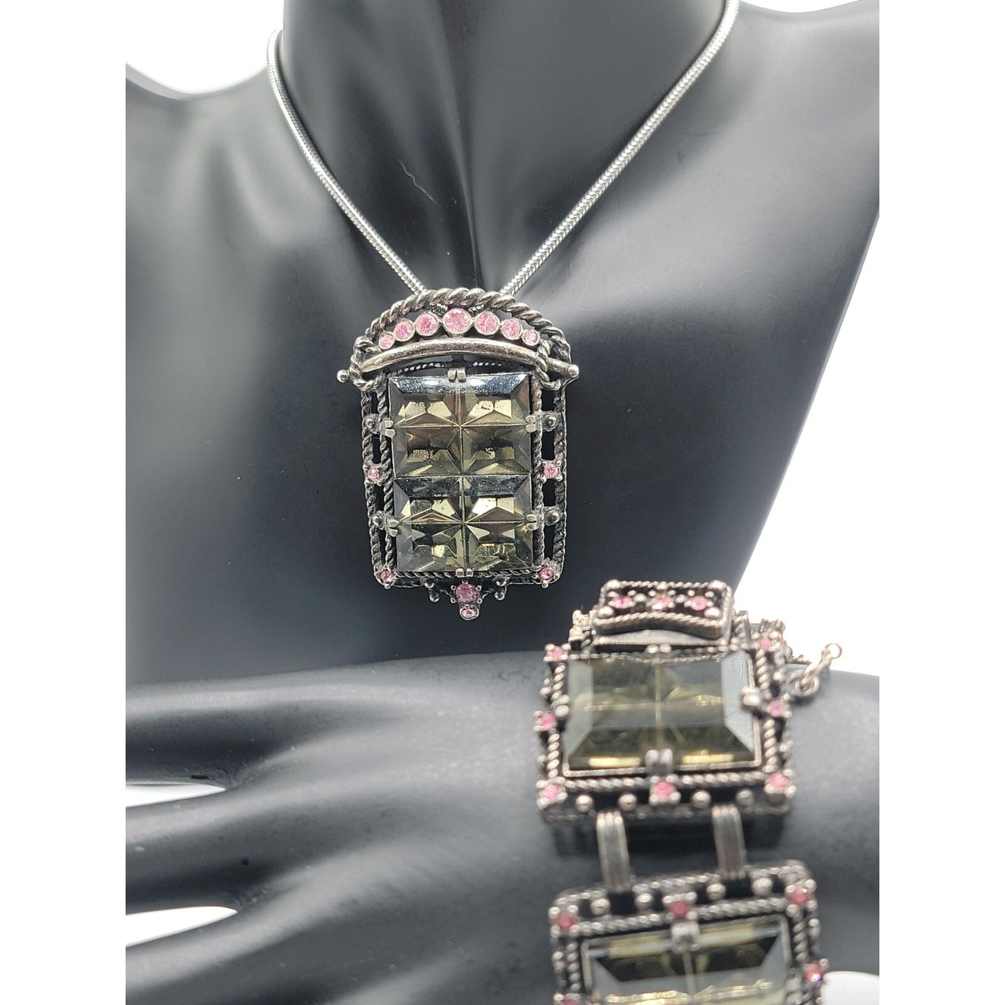 Sarah Coventry Midnight Magic Necklace & Bracelet Black w/Pink Grey Rhinestones