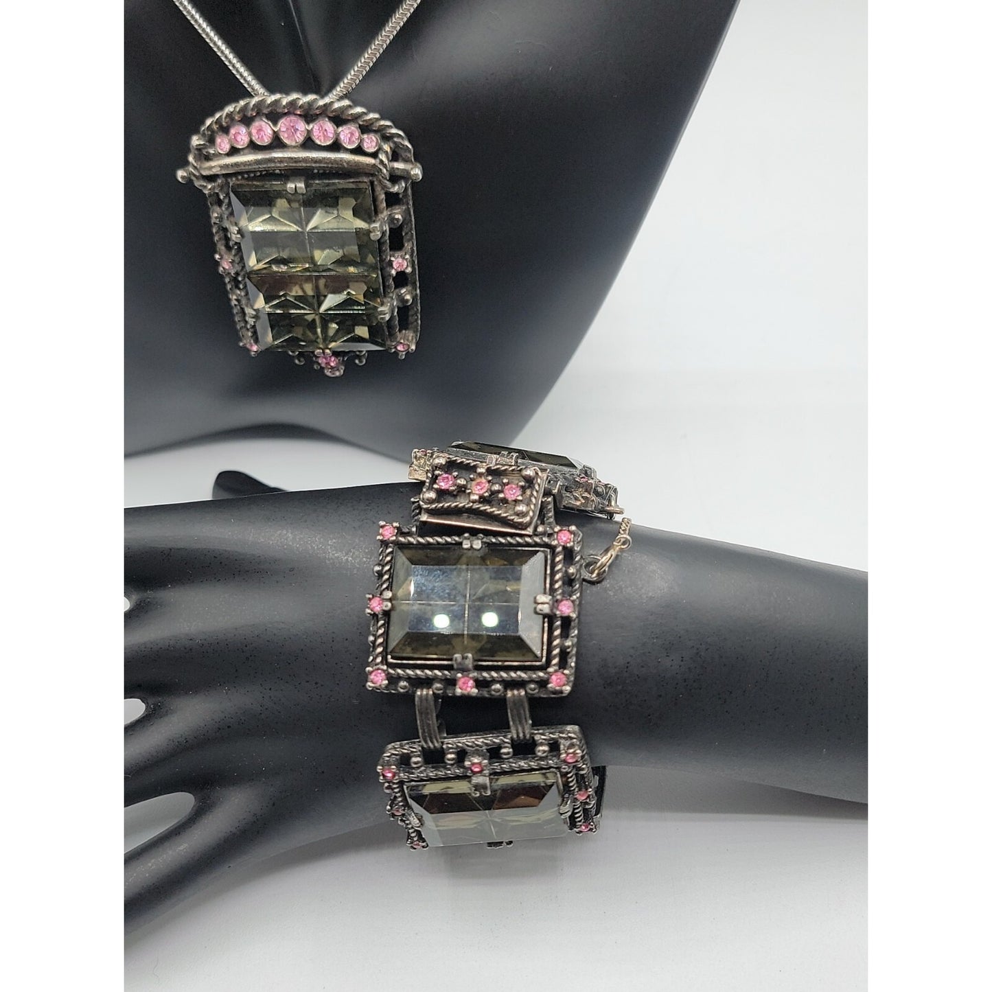 Sarah Coventry Midnight Magic Necklace & Bracelet Black w/Pink Grey Rhinestones