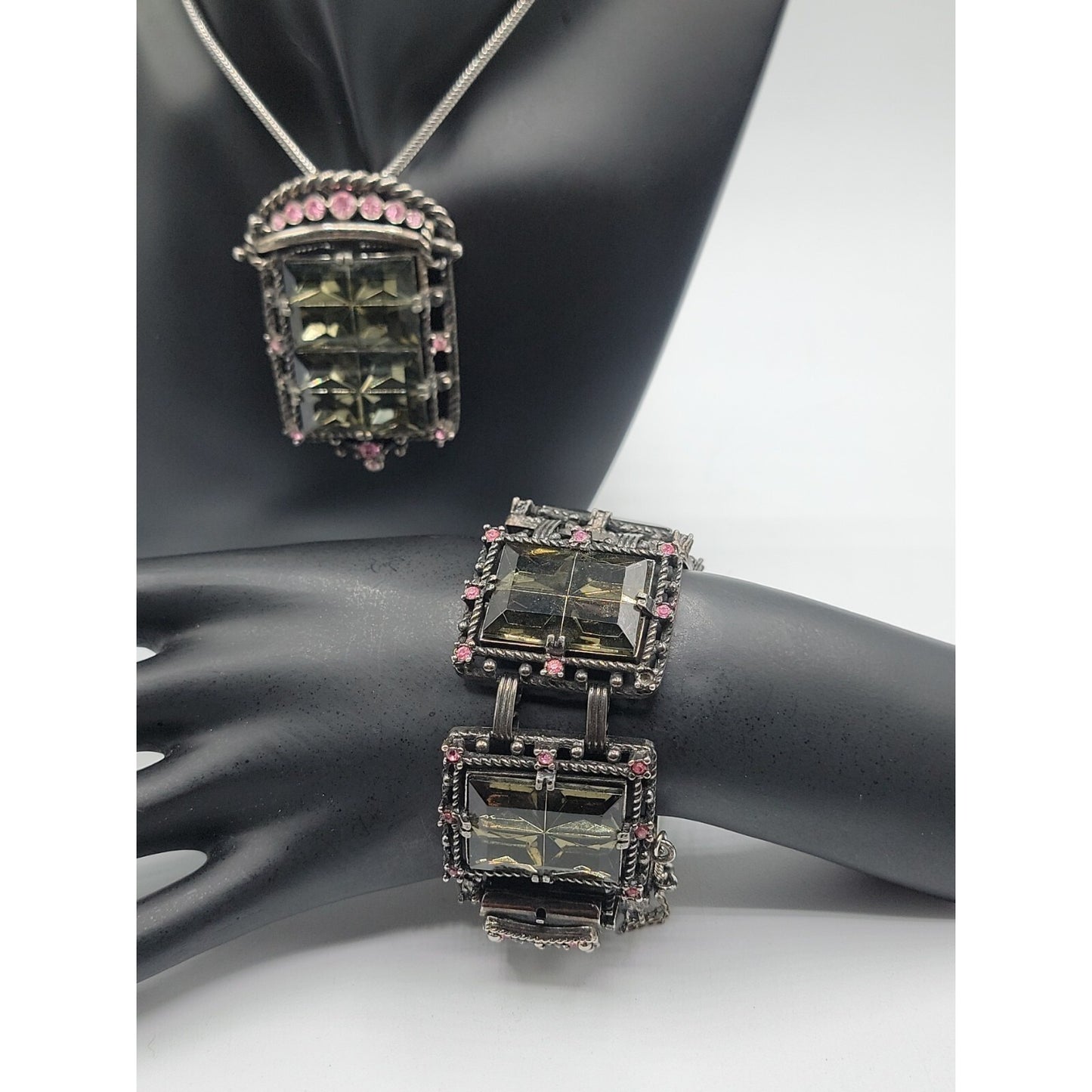 Sarah Coventry Midnight Magic Necklace & Bracelet Black w/Pink Grey Rhinestones