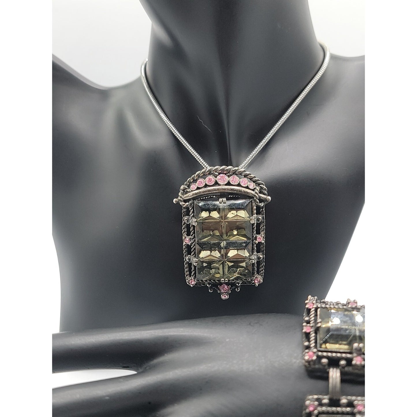 Sarah Coventry Midnight Magic Necklace & Bracelet Black w/Pink Grey Rhinestones
