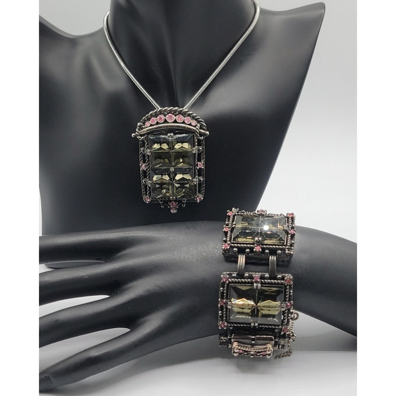 Sarah Coventry Midnight Magic Necklace & Bracelet Black w/Pink Grey Rhinestones