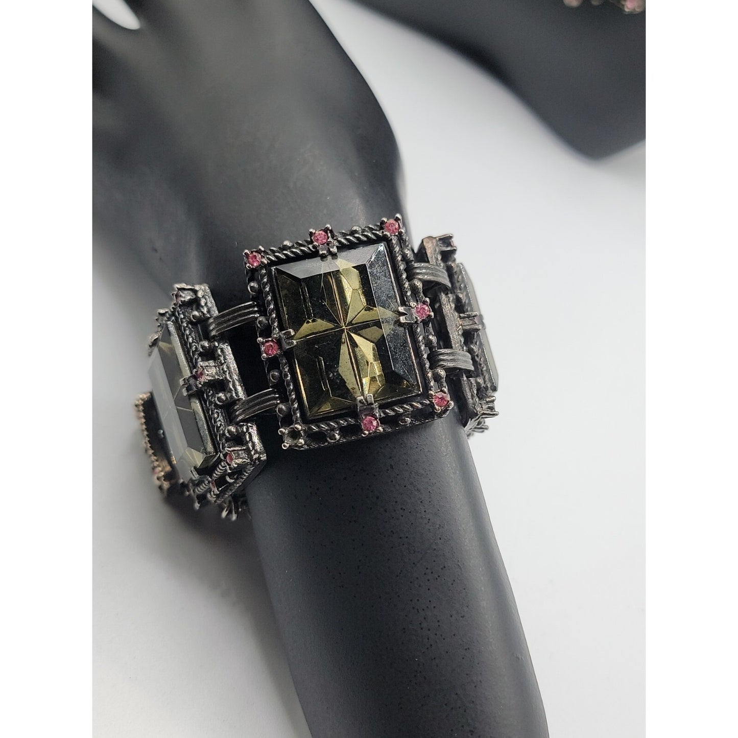 Sarah Coventry Midnight Magic Necklace & Bracelet Black w/Pink Grey Rhinestones
