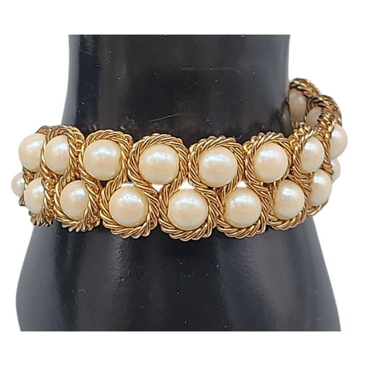 Vintage Imitation Pearl Double Woven Row Bracelet Gold Tone 6" Iridescent Glow