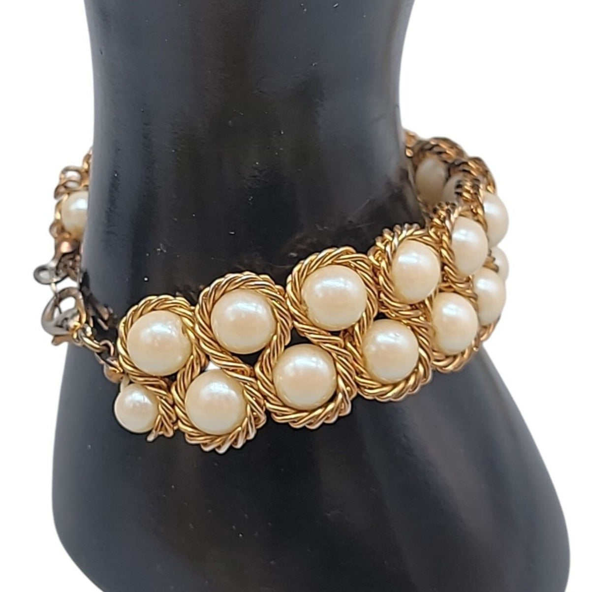 Vintage Imitation Pearl Double Woven Row Bracelet Gold Tone 6" Iridescent Glow