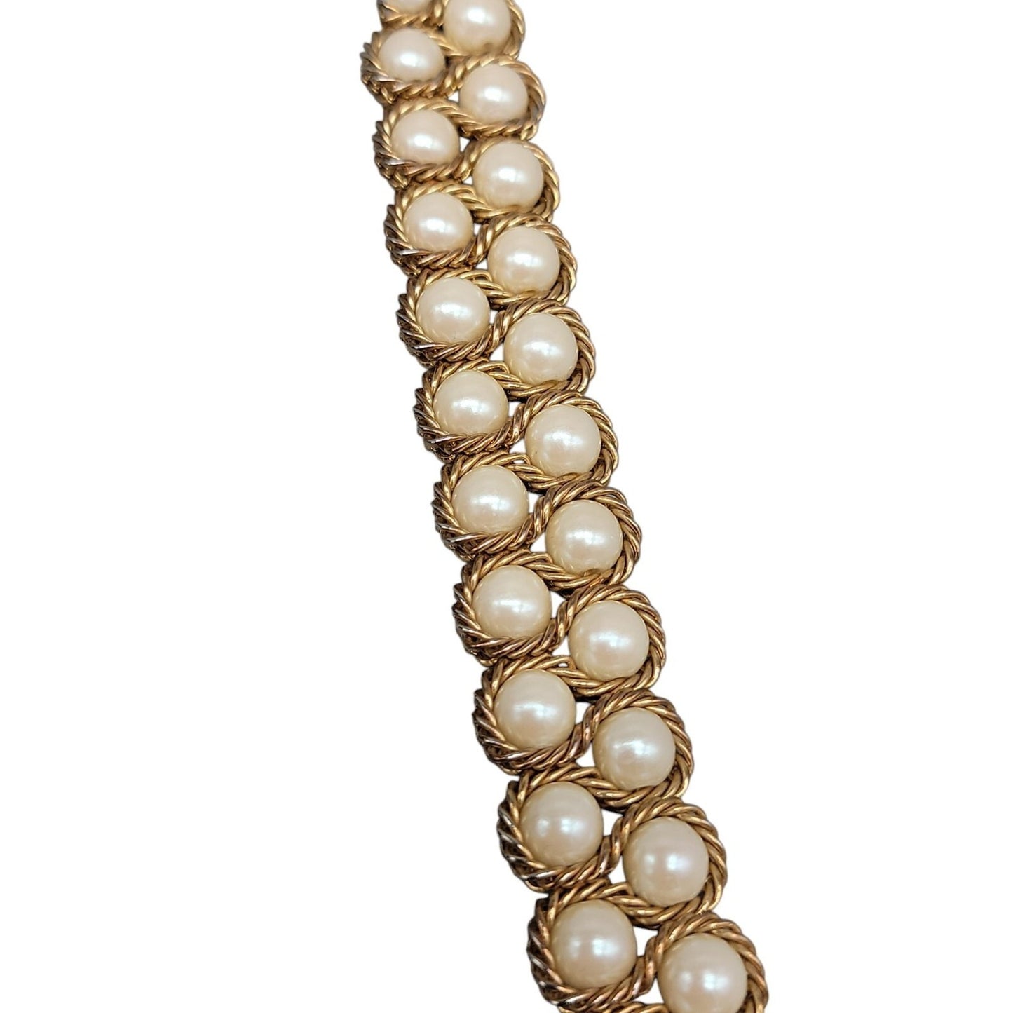 Vintage Imitation Pearl Double Woven Row Bracelet Gold Tone 6" Iridescent Glow