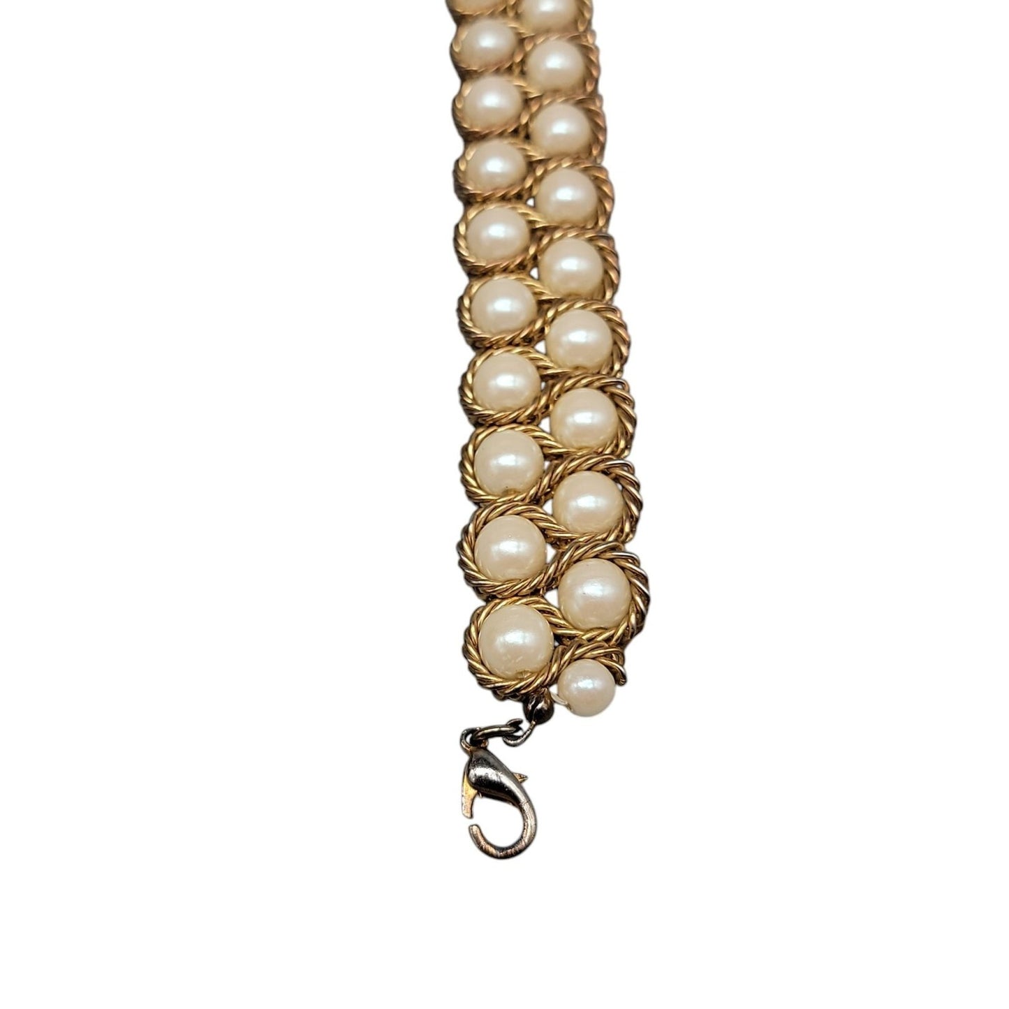 Vintage Imitation Pearl Double Woven Row Bracelet Gold Tone 6" Iridescent Glow