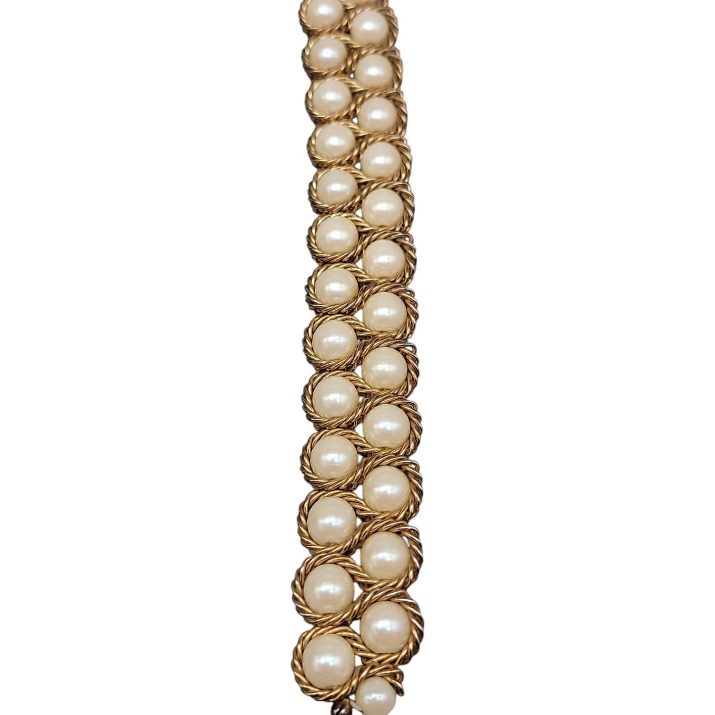 Vintage Imitation Pearl Double Woven Row Bracelet Gold Tone 6" Iridescent Glow