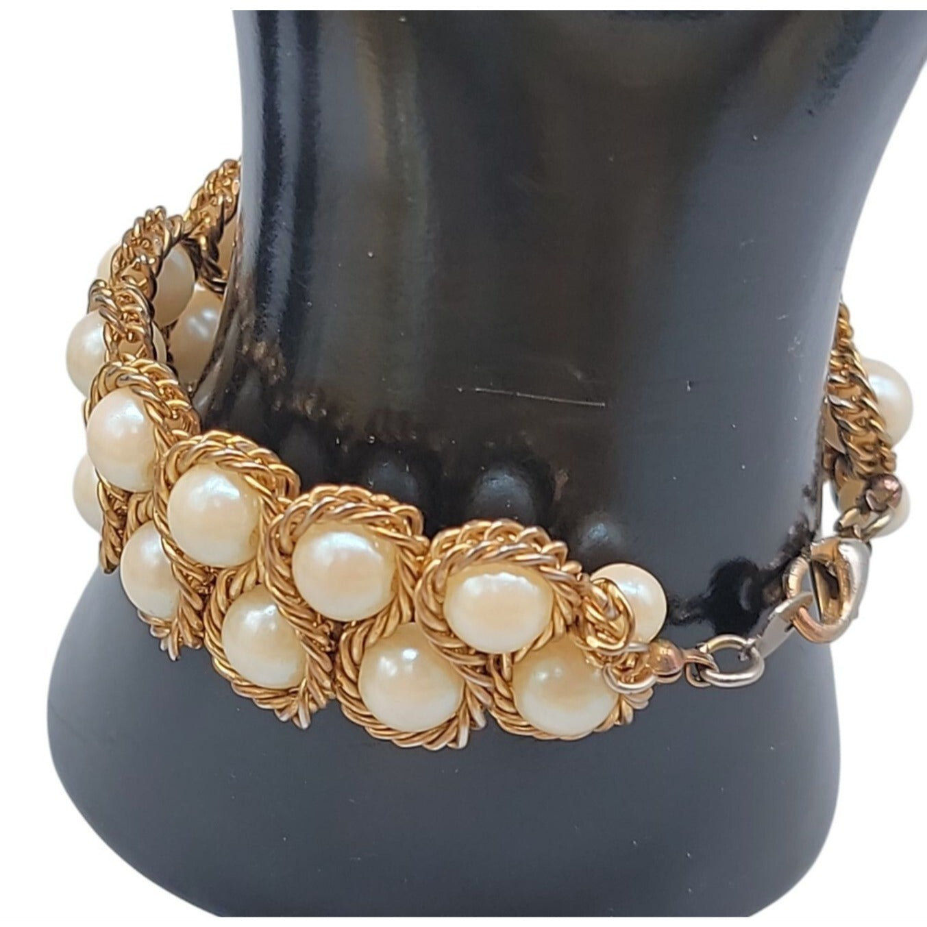 Vintage Imitation Pearl Double Woven Row Bracelet Gold Tone 6" Iridescent Glow