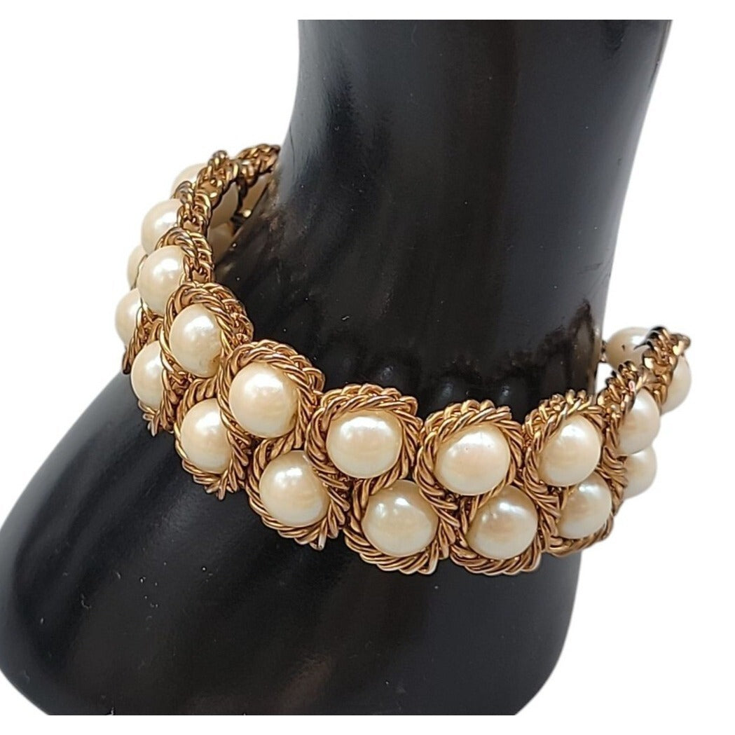 Vintage Imitation Pearl Double Woven Row Bracelet Gold Tone 6" Iridescent Glow