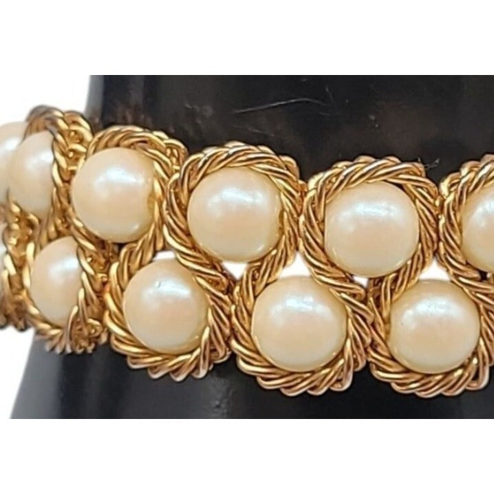 Vintage Imitation Pearl Double Woven Row Bracelet Gold Tone 6" Iridescent Glow
