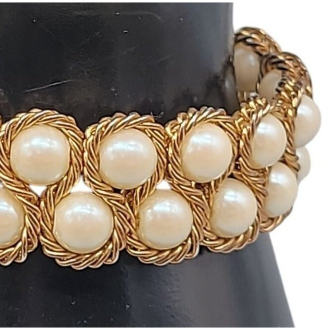 Vintage Imitation Pearl Double Woven Row Bracelet Gold Tone 6" Iridescent Glow