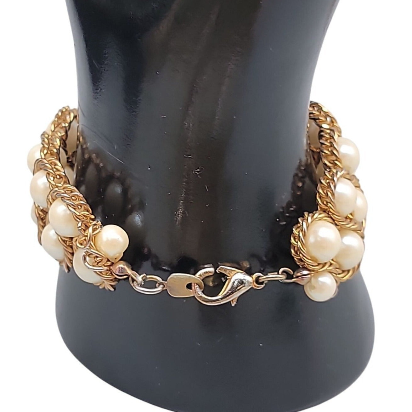 Vintage Imitation Pearl Double Woven Row Bracelet Gold Tone 6" Iridescent Glow