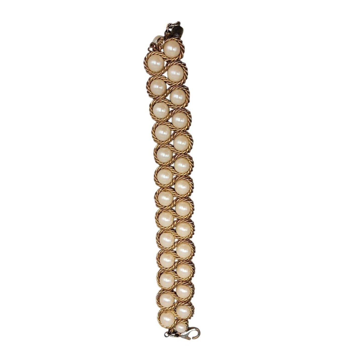 Vintage Imitation Pearl Double Woven Row Bracelet Gold Tone 6" Iridescent Glow