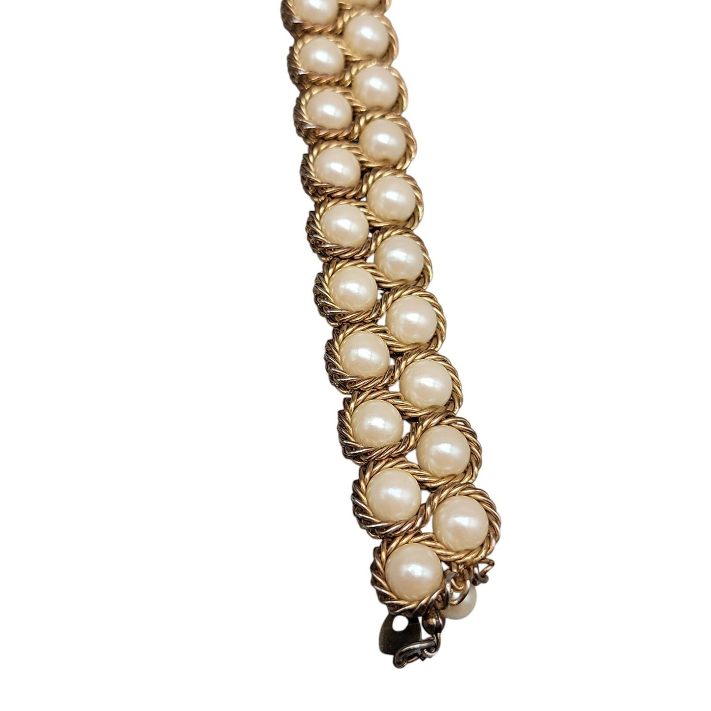 Vintage Imitation Pearl Double Woven Row Bracelet Gold Tone 6" Iridescent Glow