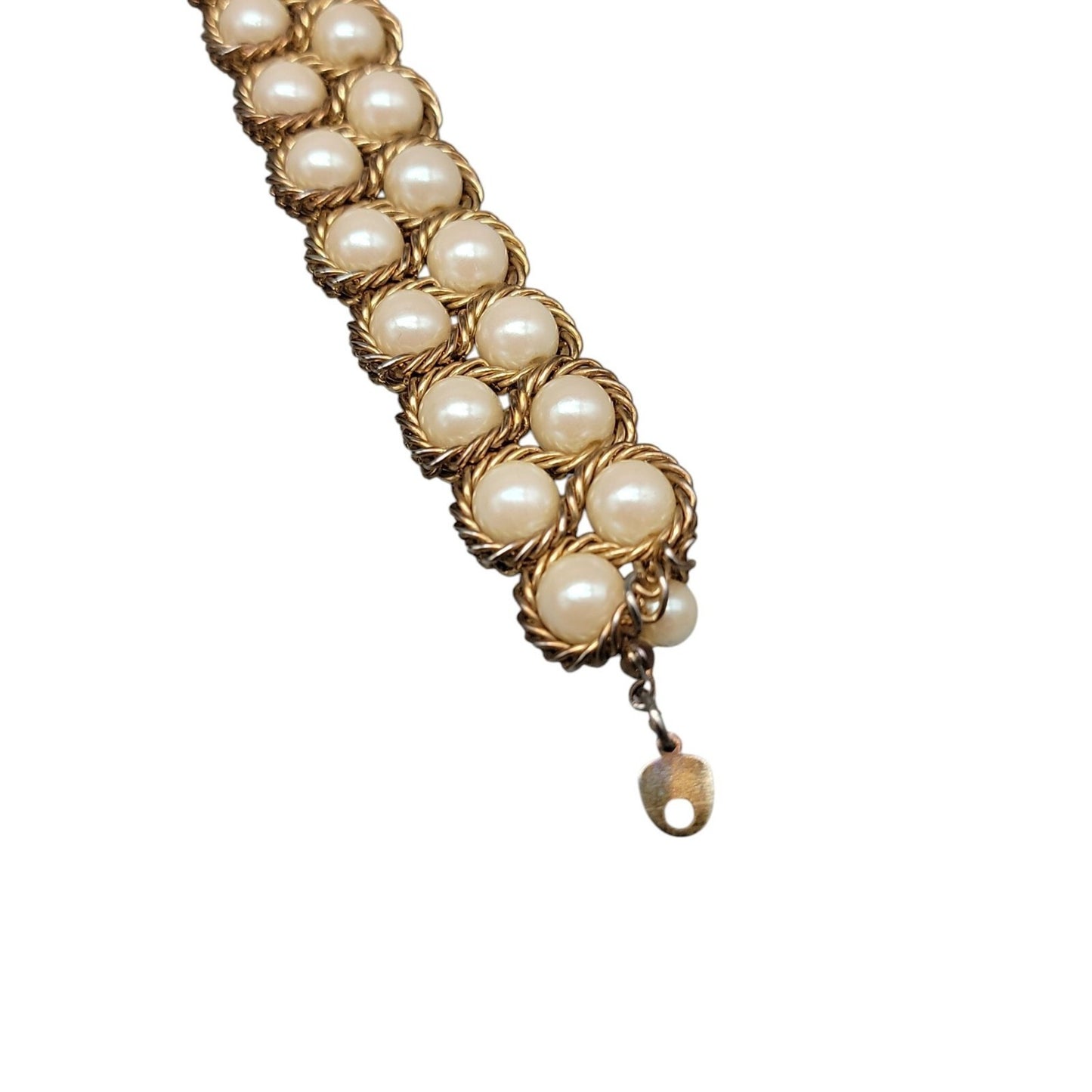 Vintage Imitation Pearl Double Woven Row Bracelet Gold Tone 6" Iridescent Glow