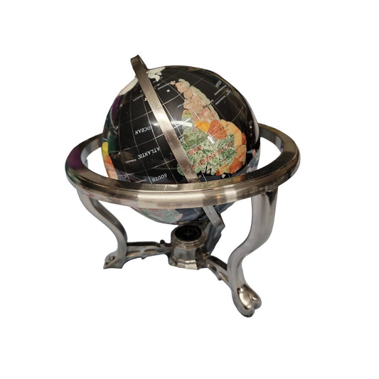 Semi-Precious Gemstone & Crystal Inlaid Globe 14" Black Onyx Setting Silver Tone