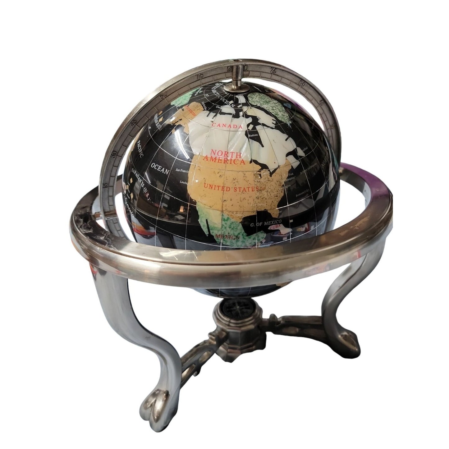 Semi-Precious Gemstone & Crystal Inlaid Globe 14" Black Onyx Setting Silver Tone
