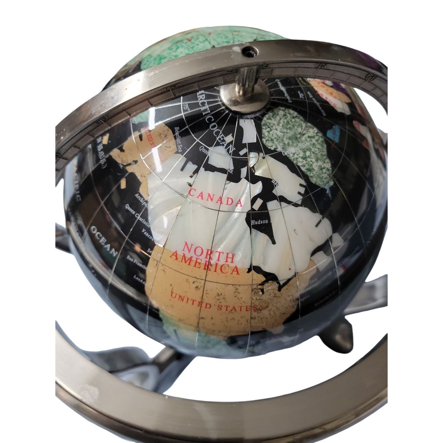 Semi-Precious Gemstone & Crystal Inlaid Globe 14" Black Onyx Setting Silver Tone