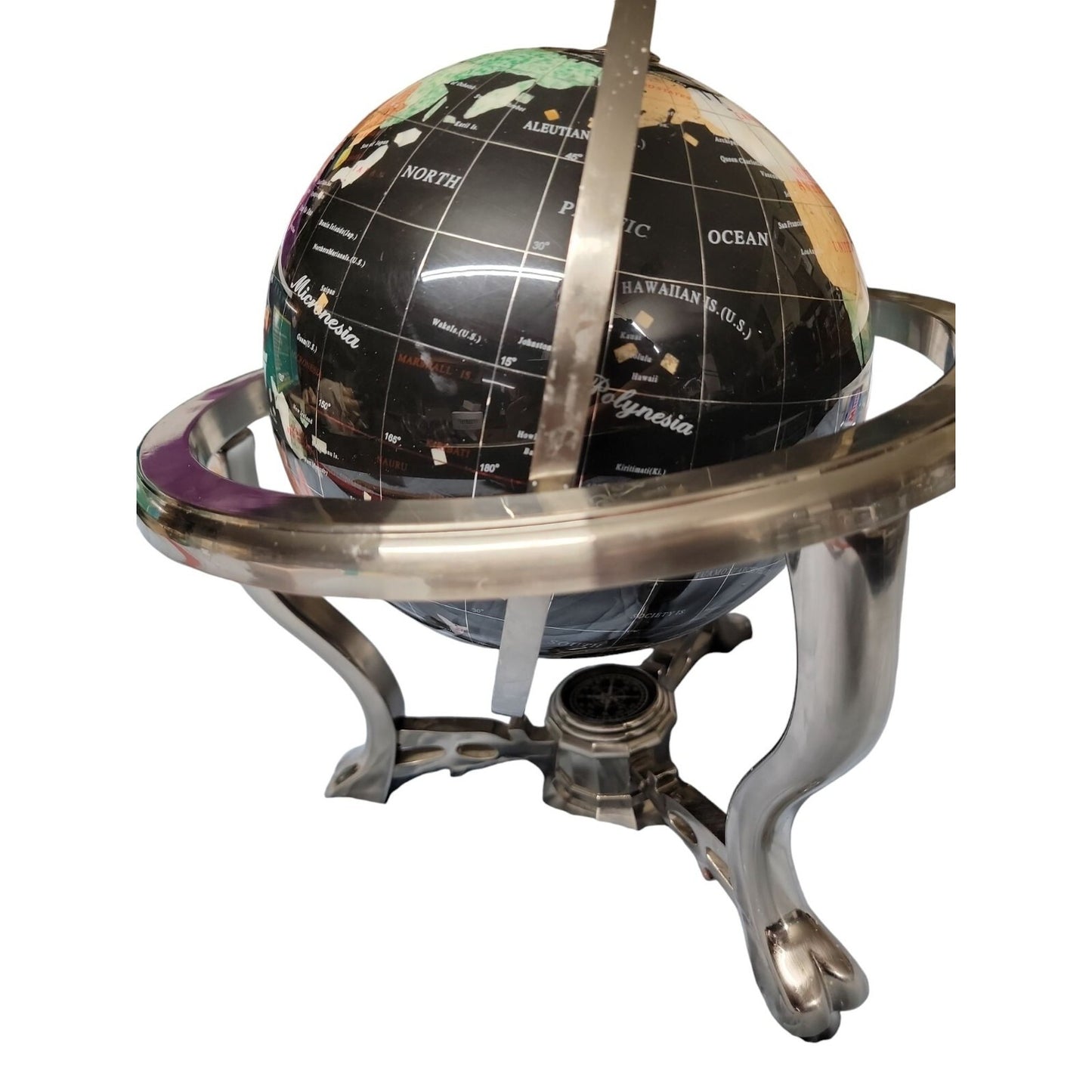 Semi-Precious Gemstone & Crystal Inlaid Globe 14" Black Onyx Setting Silver Tone