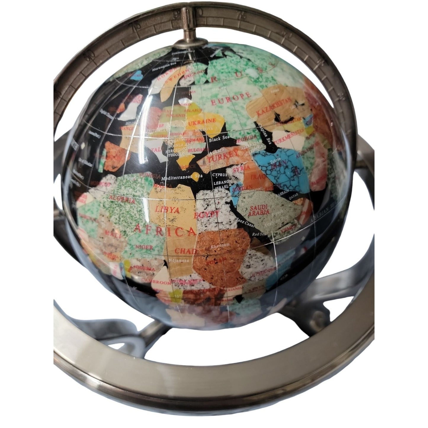 Semi-Precious Gemstone & Crystal Inlaid Globe 14" Black Onyx Setting Silver Tone
