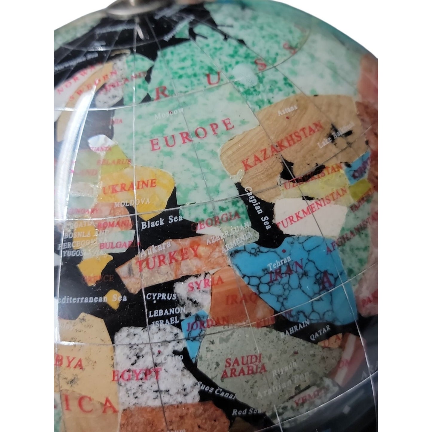 Semi-Precious Gemstone & Crystal Inlaid Globe 14" Black Onyx Setting Silver Tone