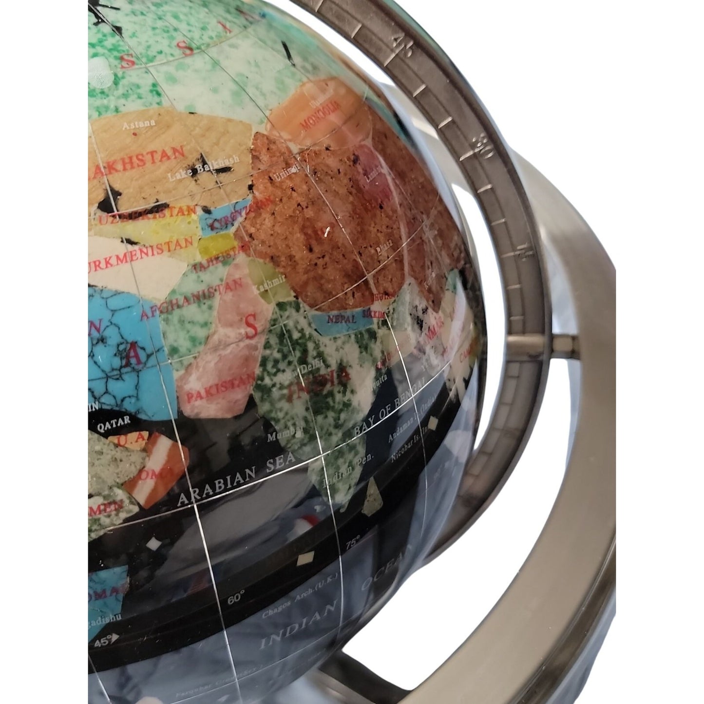 Semi-Precious Gemstone & Crystal Inlaid Globe 14" Black Onyx Setting Silver Tone