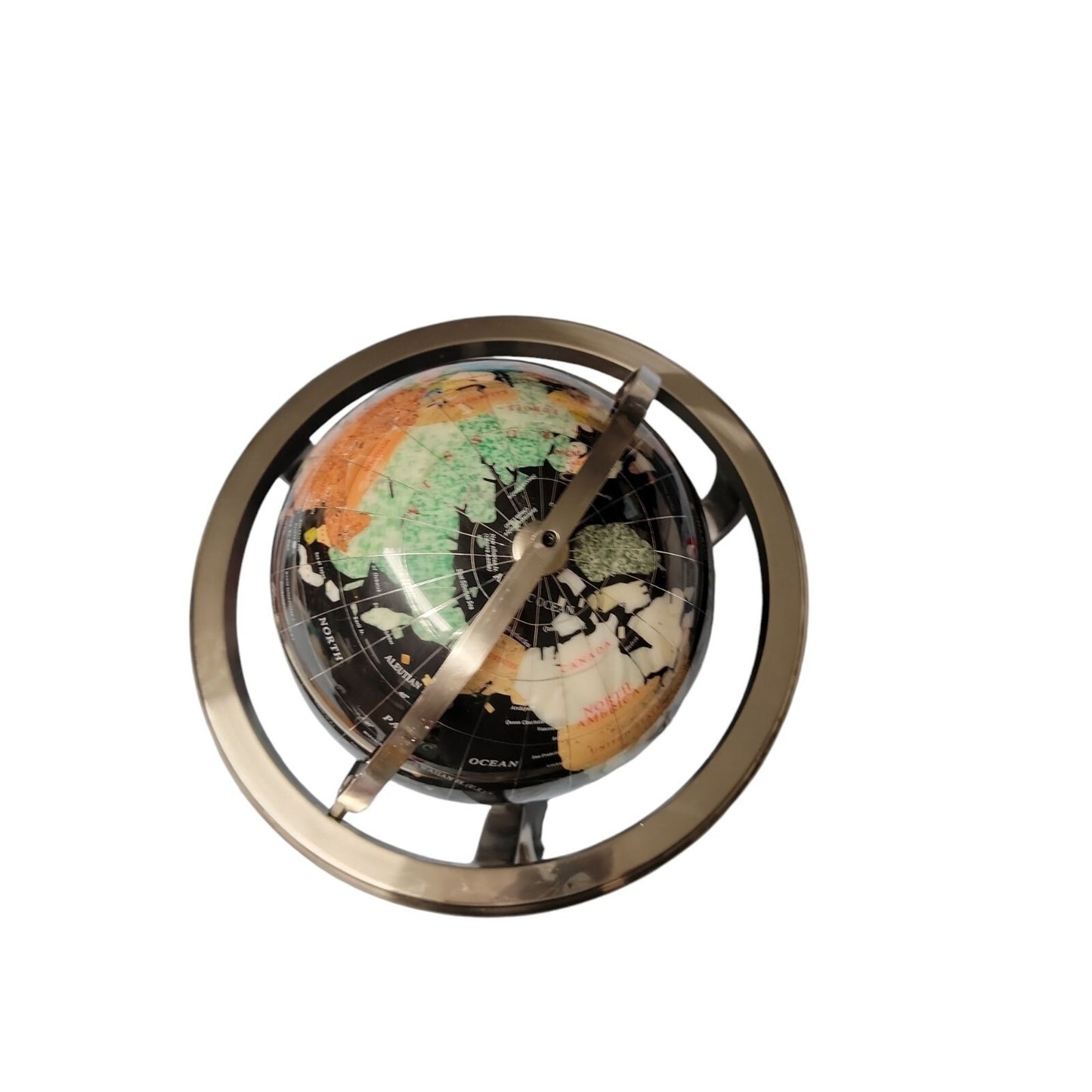 Semi-Precious Gemstone & Crystal Inlaid Globe 14" Black Onyx Setting Silver Tone