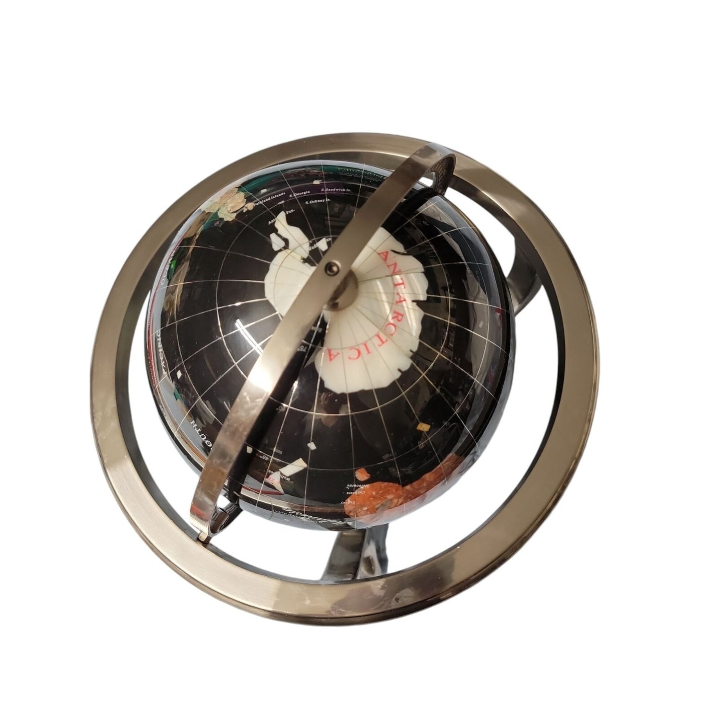 Semi-Precious Gemstone & Crystal Inlaid Globe 14" Black Onyx Setting Silver Tone