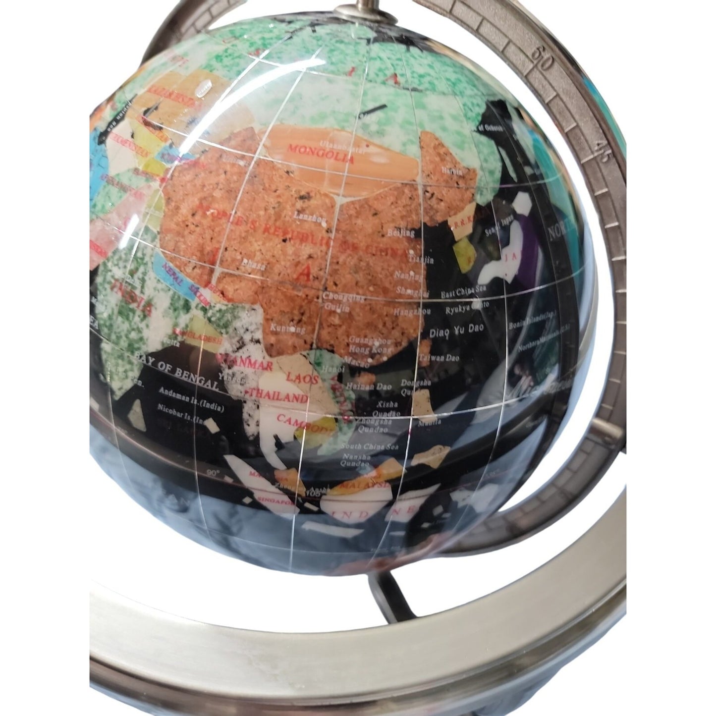 Semi-Precious Gemstone & Crystal Inlaid Globe 14" Black Onyx Setting Silver Tone
