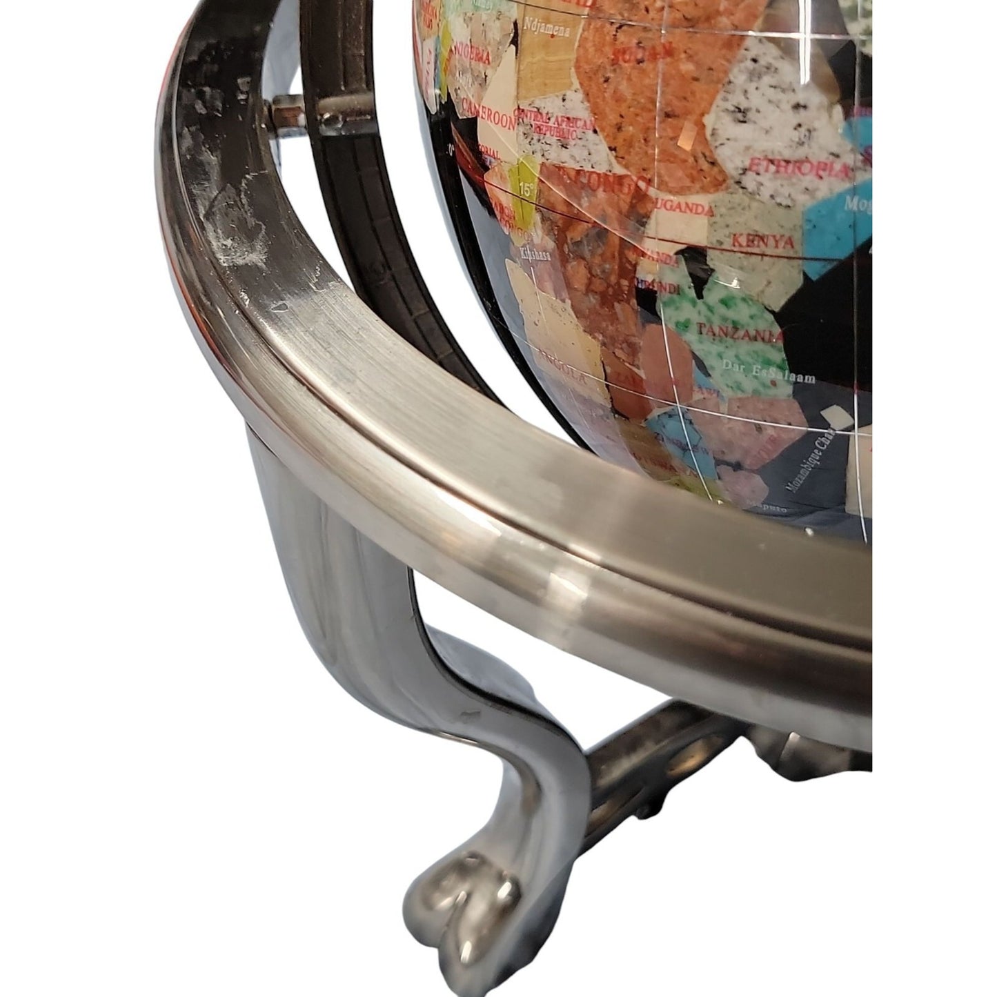 Semi-Precious Gemstone & Crystal Inlaid Globe 14" Black Onyx Setting Silver Tone