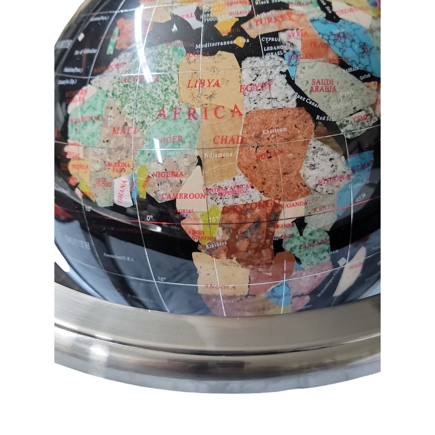 Semi-Precious Gemstone & Crystal Inlaid Globe 14" Black Onyx Setting Silver Tone