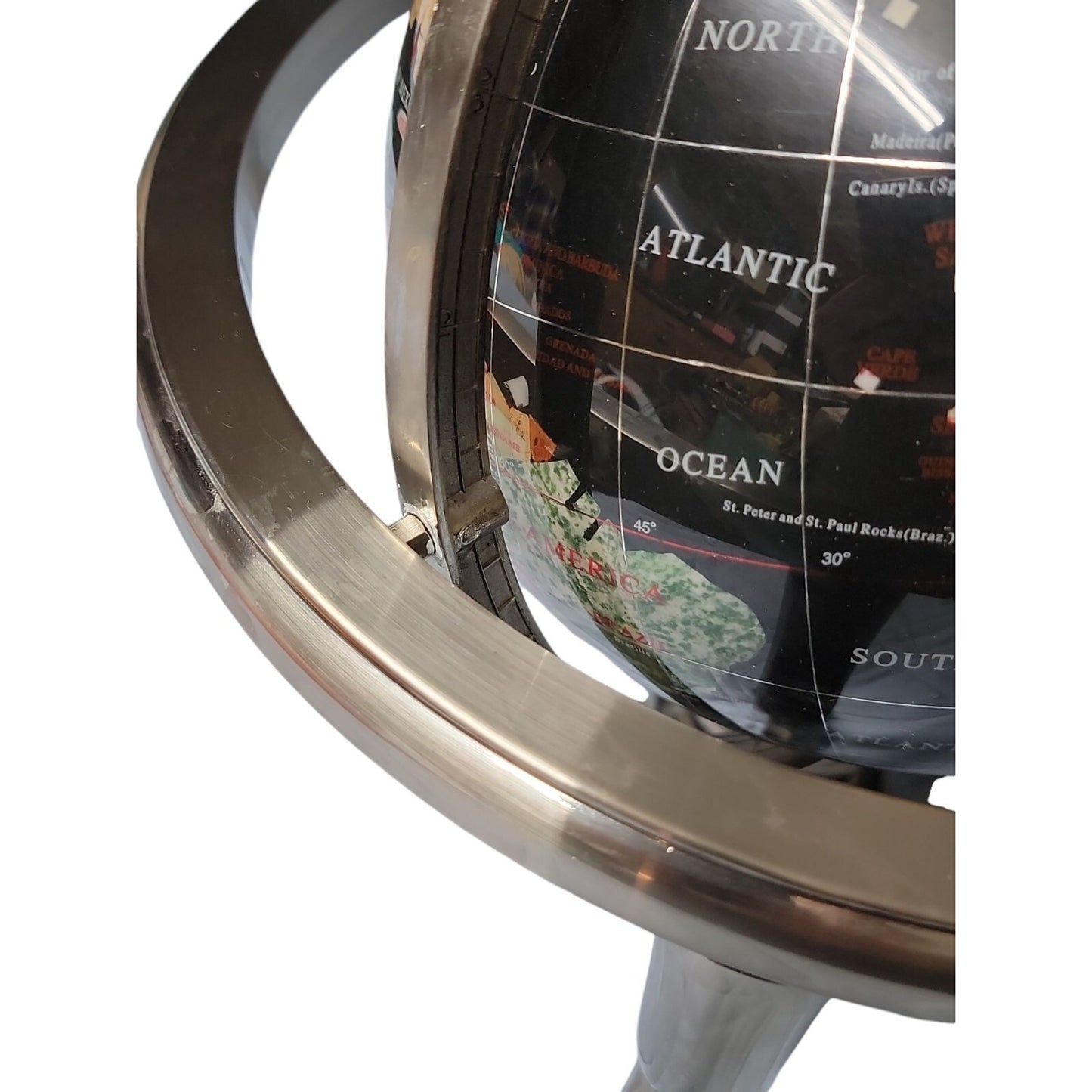 Semi-Precious Gemstone & Crystal Inlaid Globe 14" Black Onyx Setting Silver Tone