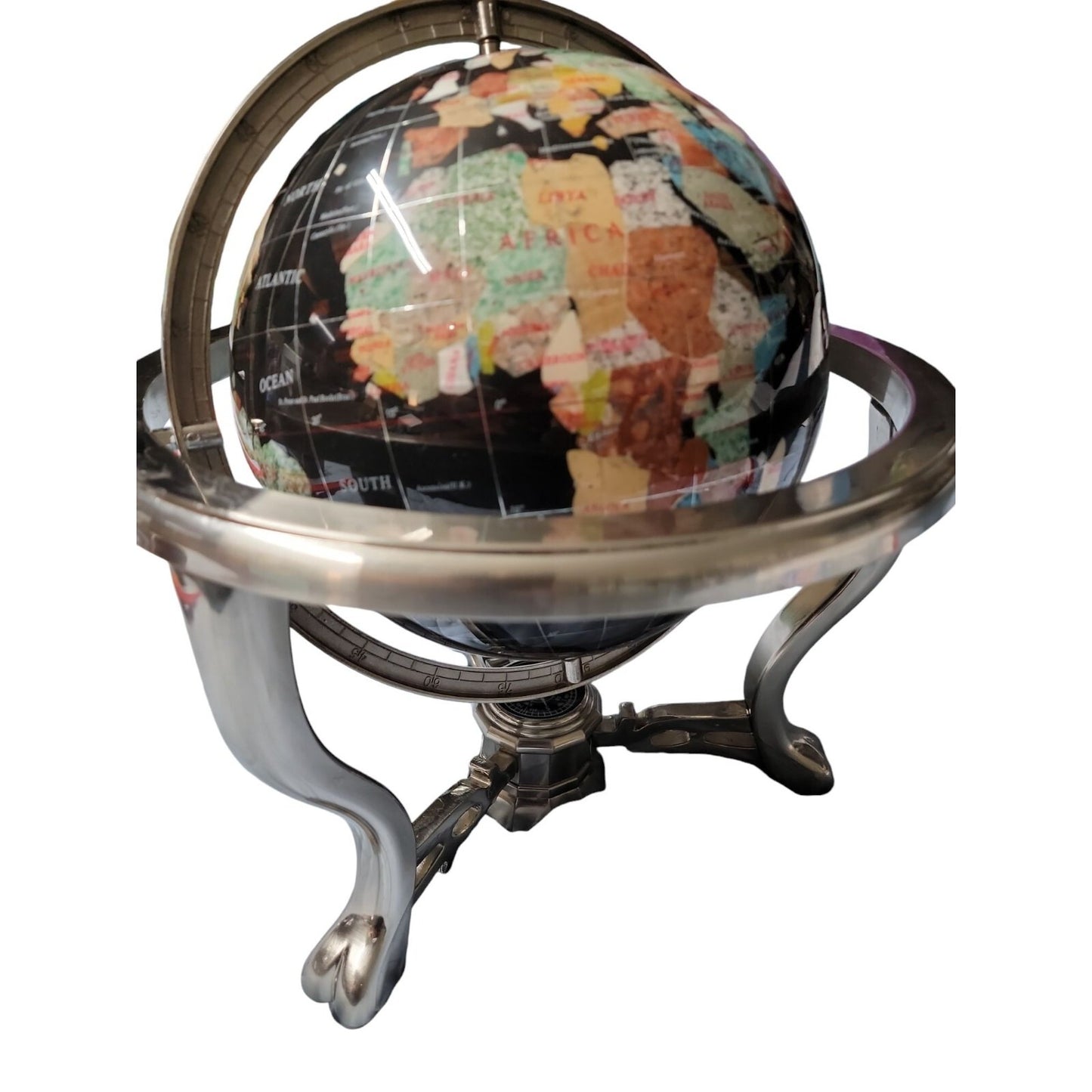 Semi-Precious Gemstone & Crystal Inlaid Globe 14" Black Onyx Setting Silver Tone