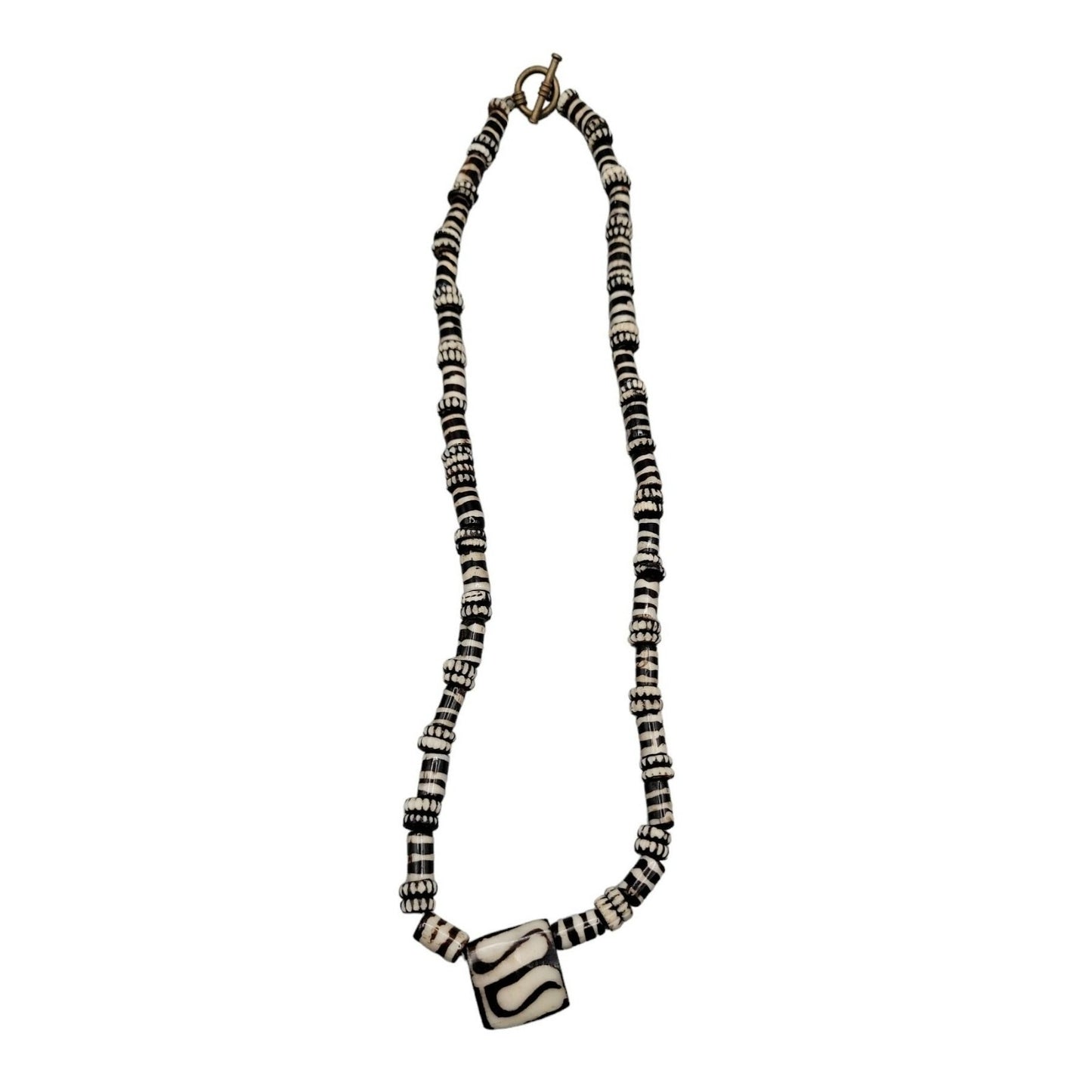 Chevron Zebra Striped Pendant Necklace 23" Tube & Disc Glass Beaded Chain VTG