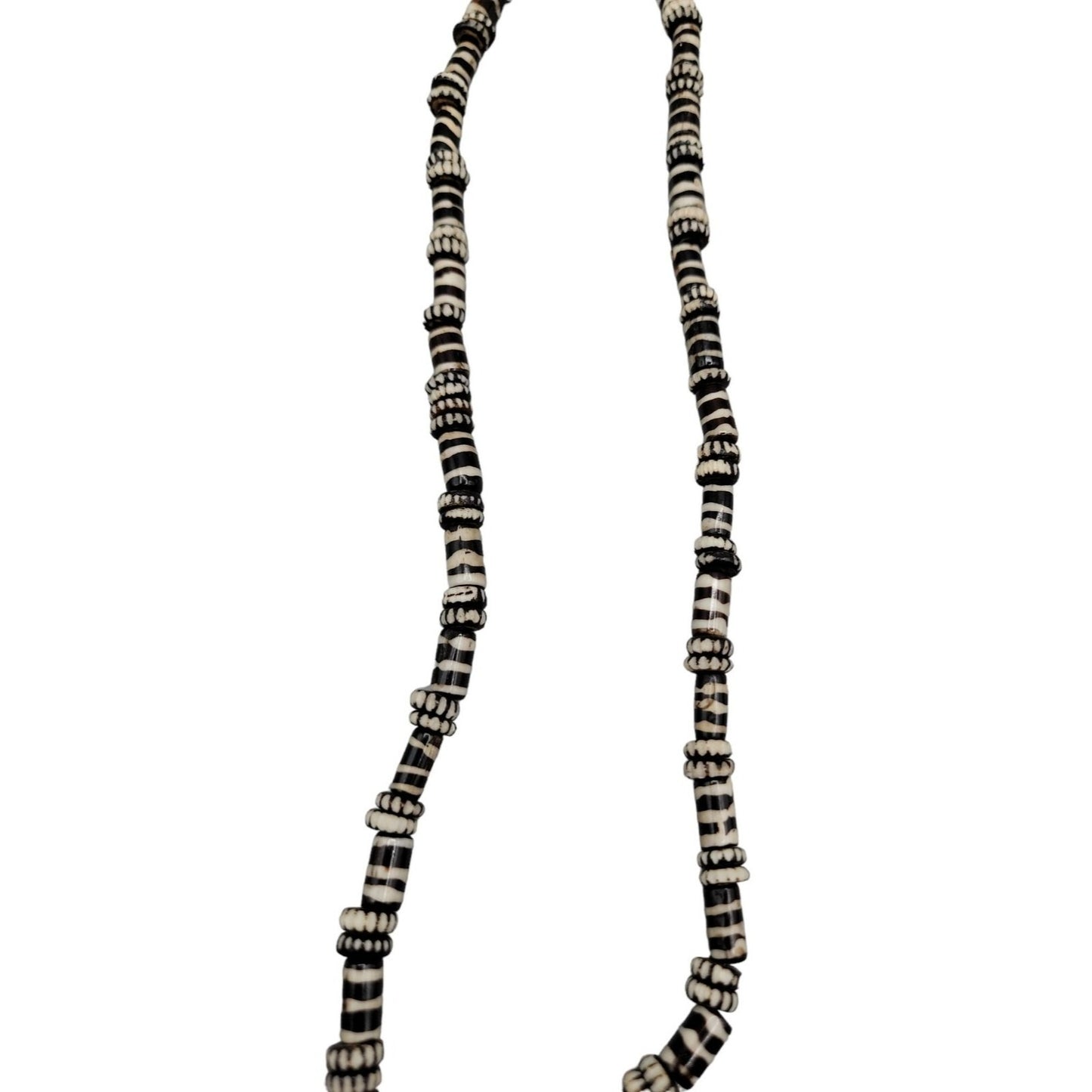 Chevron Zebra Striped Pendant Necklace 23" Tube & Disc Glass Beaded Chain VTG