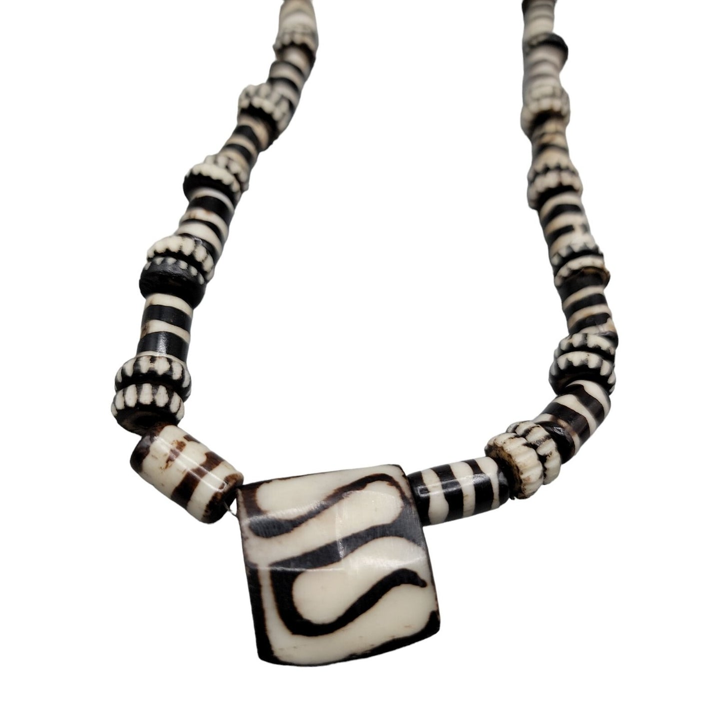 Chevron Zebra Striped Pendant Necklace 23" Tube & Disc Glass Beaded Chain VTG