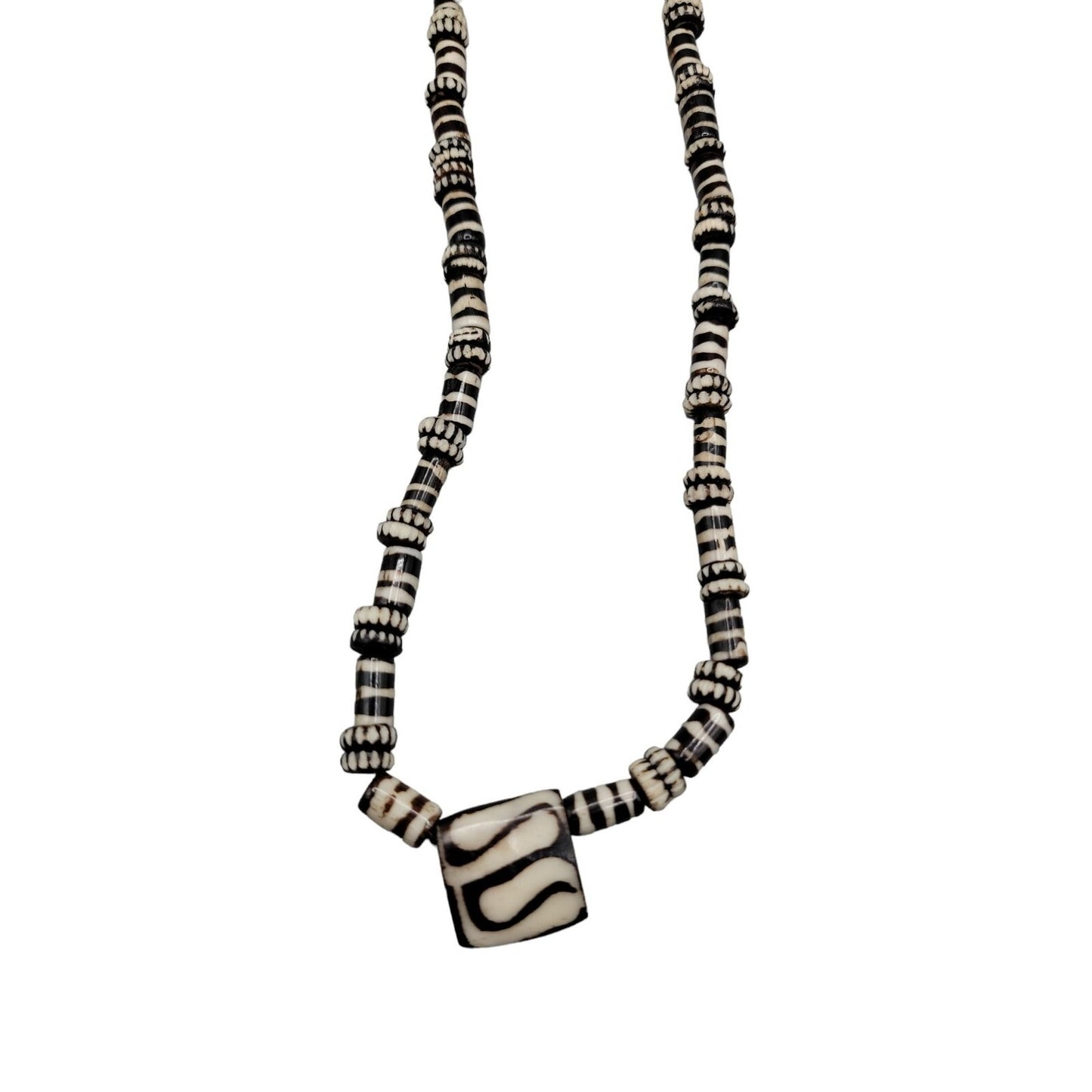 Chevron Zebra Striped Pendant Necklace 23" Tube & Disc Glass Beaded Chain VTG