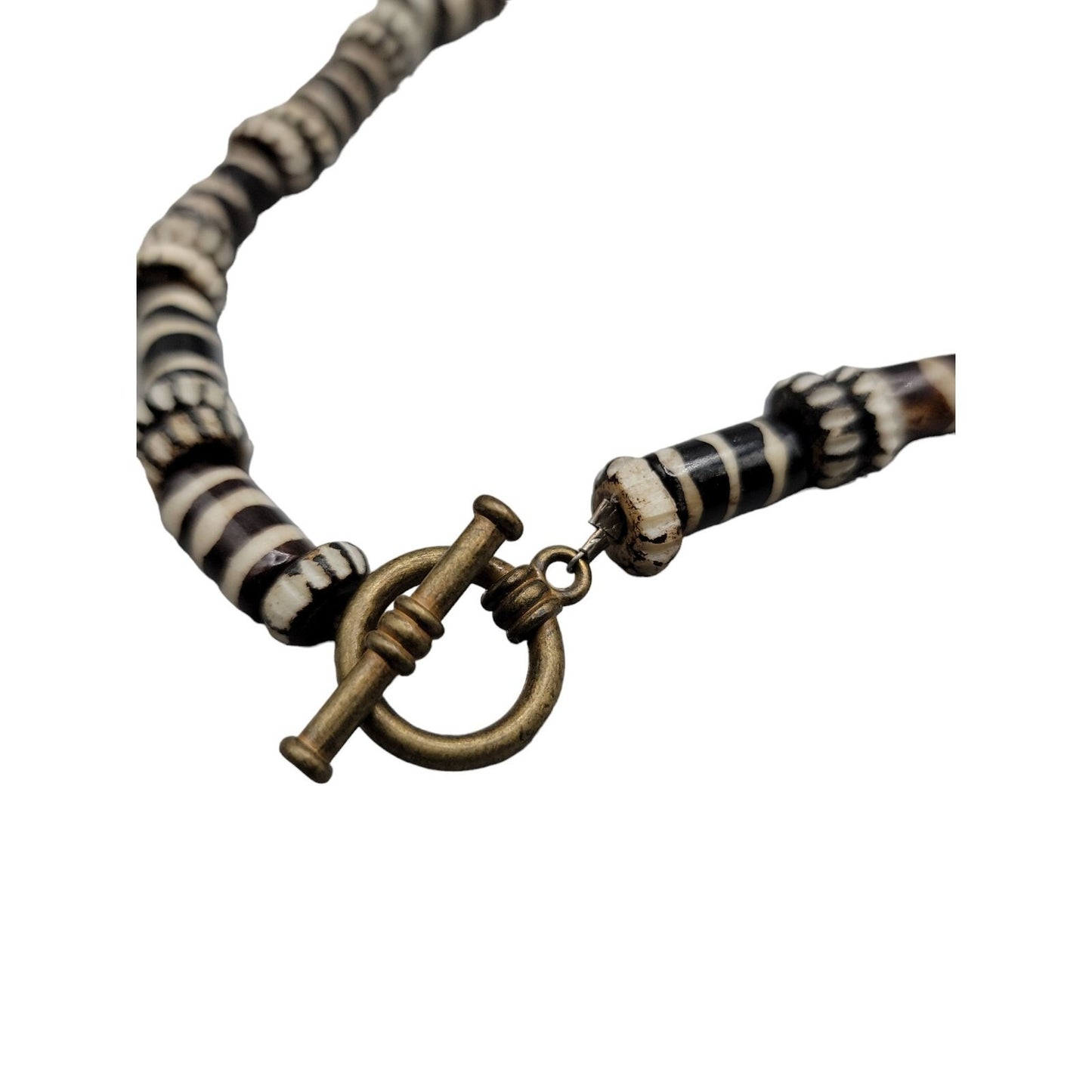 Chevron Zebra Striped Pendant Necklace 23" Tube & Disc Glass Beaded Chain VTG