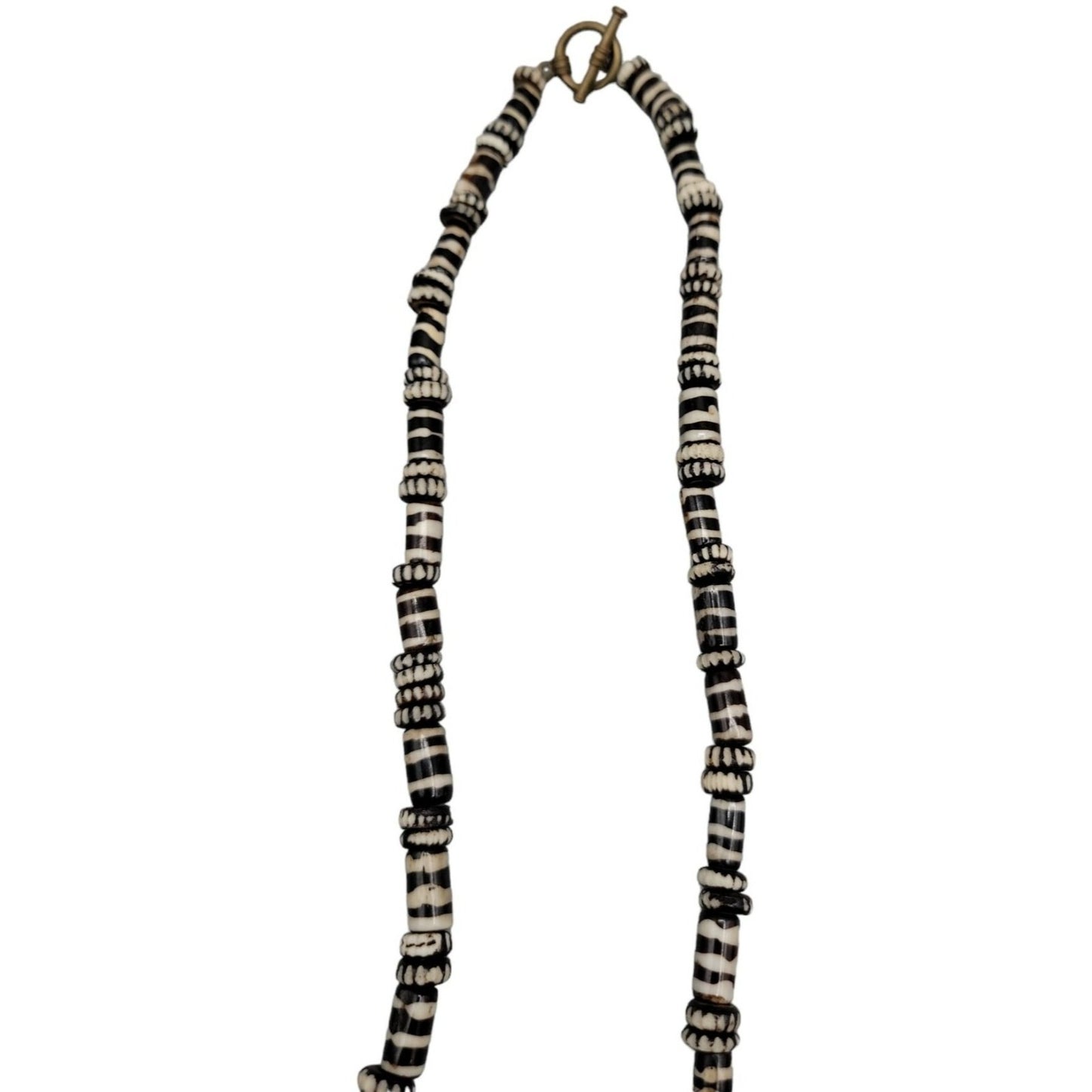 Chevron Zebra Striped Pendant Necklace 23" Tube & Disc Glass Beaded Chain VTG