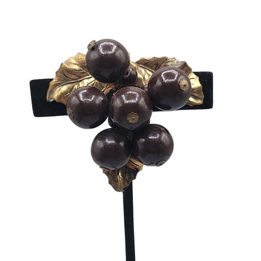 Vtg 1930s Wood Grape Cluster Fur/Dress Clip Art Deco Brass Leaf Chocolate Brown