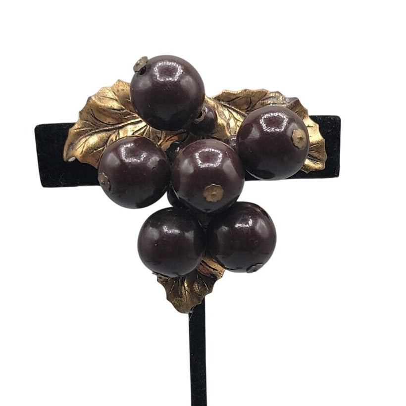 Vtg 1930s Wood Grape Cluster Fur/Dress Clip Art Deco Brass Leaf Chocolate Brown