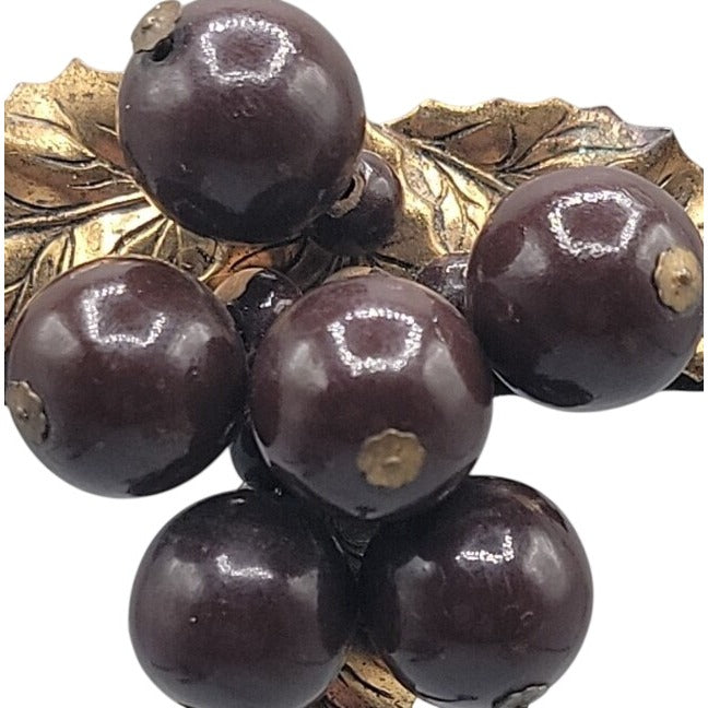 Vtg 1930s Wood Grape Cluster Fur/Dress Clip Art Deco Brass Leaf Chocolate Brown