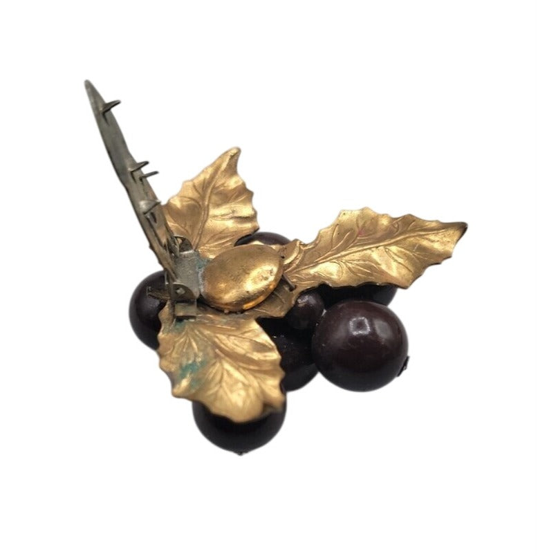 Vtg 1930s Wood Grape Cluster Fur/Dress Clip Art Deco Brass Leaf Chocolate Brown