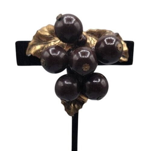 Vtg 1930s Wood Grape Cluster Fur/Dress Clip Art Deco Brass Leaf Chocolate Brown