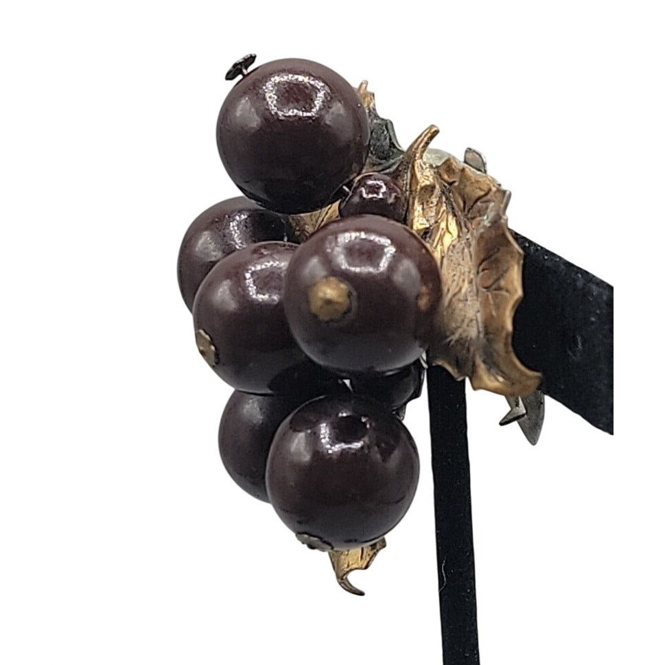 Vtg 1930s Wood Grape Cluster Fur/Dress Clip Art Deco Brass Leaf Chocolate Brown