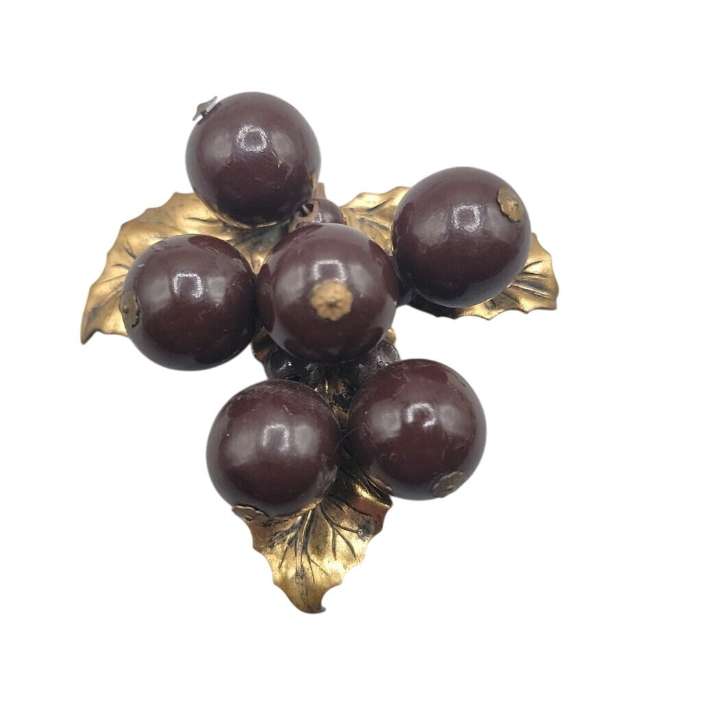 Vtg 1930s Wood Grape Cluster Fur/Dress Clip Art Deco Brass Leaf Chocolate Brown