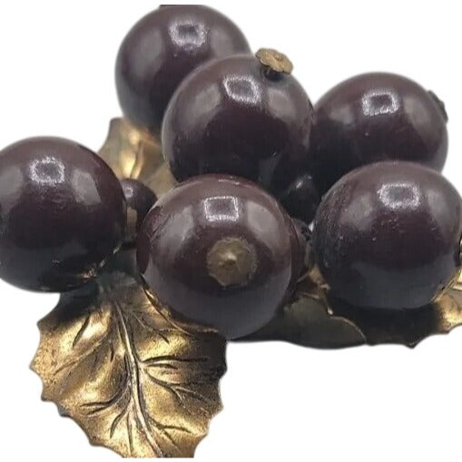 Vtg 1930s Wood Grape Cluster Fur/Dress Clip Art Deco Brass Leaf Chocolate Brown