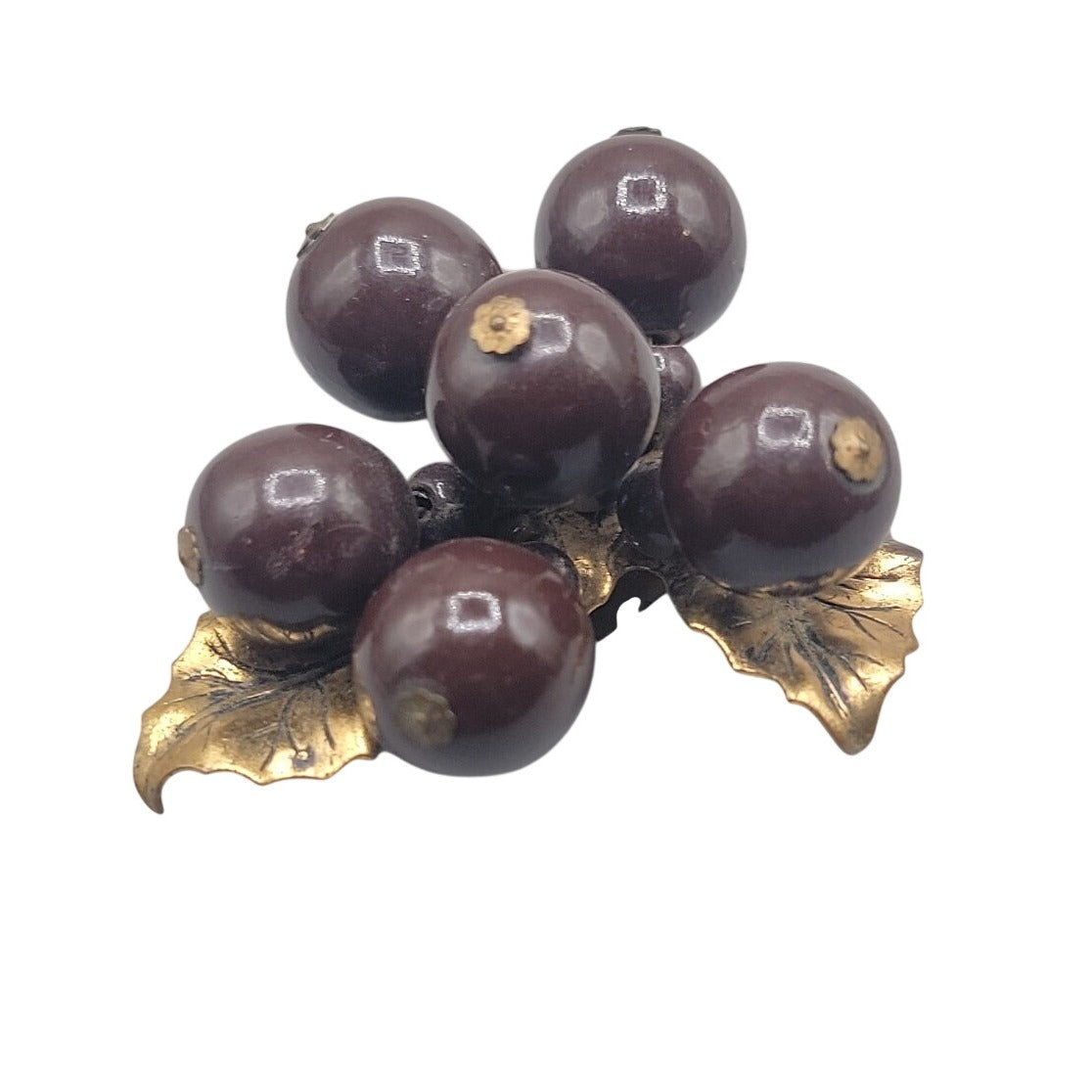 Vtg 1930s Wood Grape Cluster Fur/Dress Clip Art Deco Brass Leaf Chocolate Brown