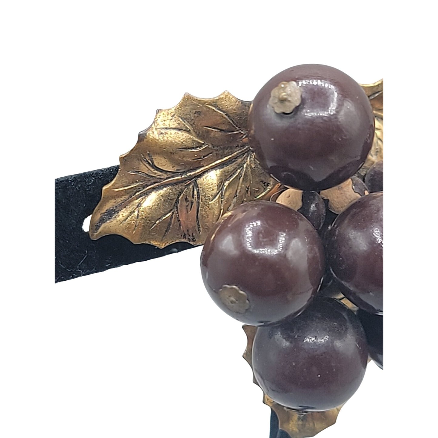 Vtg 1930s Wood Grape Cluster Fur/Dress Clip Art Deco Brass Leaf Chocolate Brown